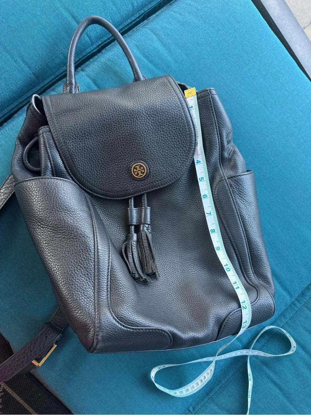 Tory Burch Black Pebbled Leather Drawstring Backpack with Tassels